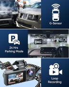 Dash Cam Front Rear with 3 Channel, 4K Full UHD Car Camera, 5GHz WiFi & App Control, Free 32GB Card Included, Dash Camera for Cars with IR Night Vision, 24 Parking Mode, Loop Recording, G-Sensor