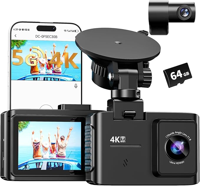 Dash Cam Front and Rear: 4K Dual Channel Dash Cam - 5GHz WiFi, Dash Camera for Cars with 64GB Card, 2" IPS, App Control, G-Sensor, Loop Recording, 170° Wide Angle, Night Vision, 24H Parking Mode