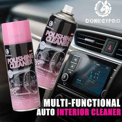 Donkeypro Polishing Cleaner, Car Interior Cleaner - Restores & Protects Plastic, Vinyl, Leather Seats, Dashboard - UV Guard, Anti-Aging, Interior Detailer Spray with Iron Can - 15 Fl Oz