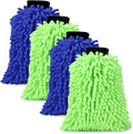 4Pcs Car Wash Mitt Microfiber Gloves Chenille Material Microfiber Towels for Car Washing Supplies Kit Scratch Free Cleaning Fluorescent Green + Royal Blue