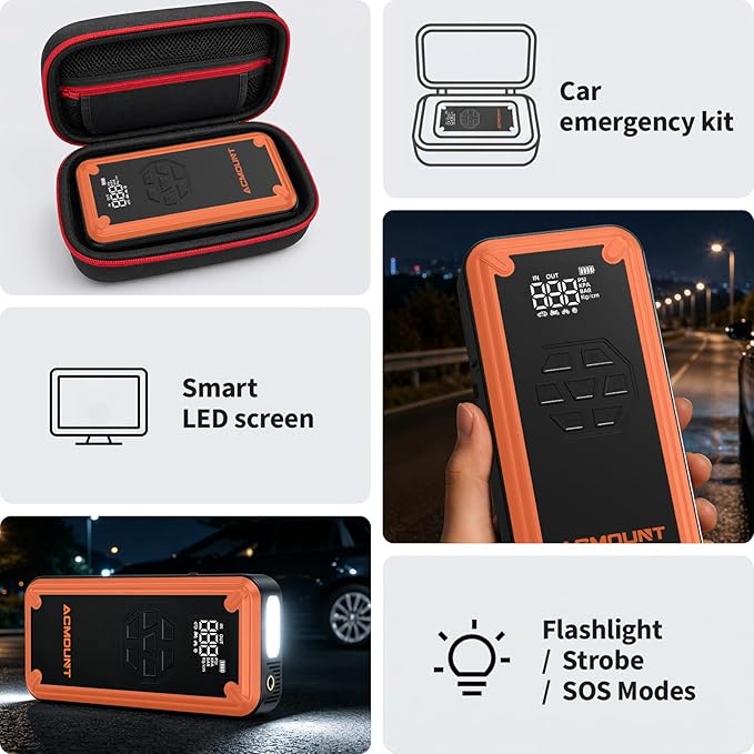 Jump Starter with Air Compressor, Acmount 5000A Car Battery Jump Starter with 150PSI Tire Inflator for Up to 9.0 Gas/8.0L Diesel, 12V Portable Jump Starter Box with LCD Display, Light (Orange&Black)