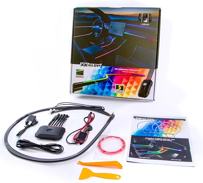 XKmax RGB Fiber Optic LED Interior Ambient Light Kit for Car & Truck | Color Chasing | App-Controlled (2pc 30" Strips)