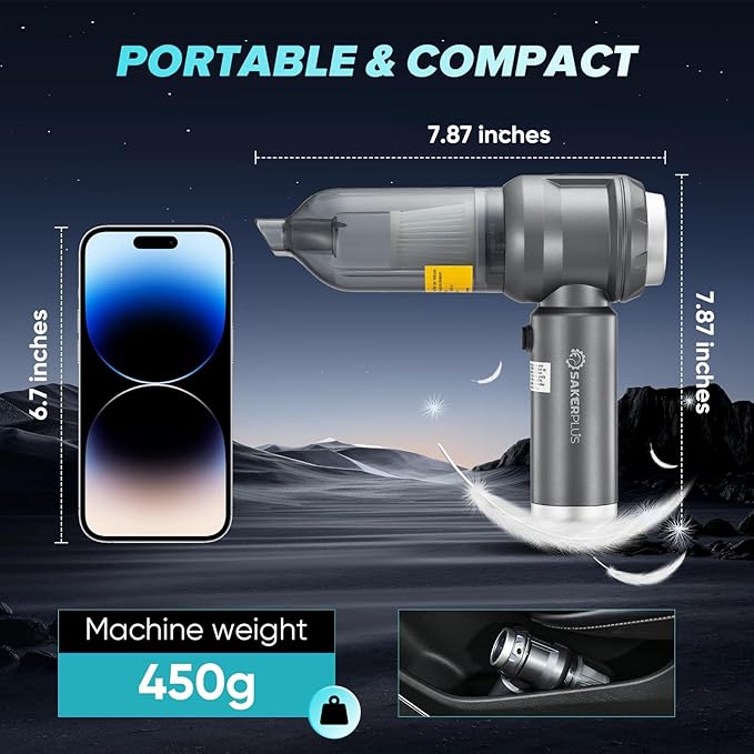 SakerPlus 4 in 1 Handheld Car Vacuum Cleaner, 17500PA High Power Rechargeable Portable Vacuum with LED Light, Multi Nozzles for Car, Home & Office–Ideal for Family(Light Grey)