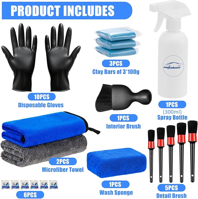AUTODECO 24Pcs Car Clay Bars Auto Detailing Clay Bar Kit with Car Cleaning Brushes, Include Spray Bottle, Micro Fiber Towel and Brushes for Car Detailing Damage Free Cleaning