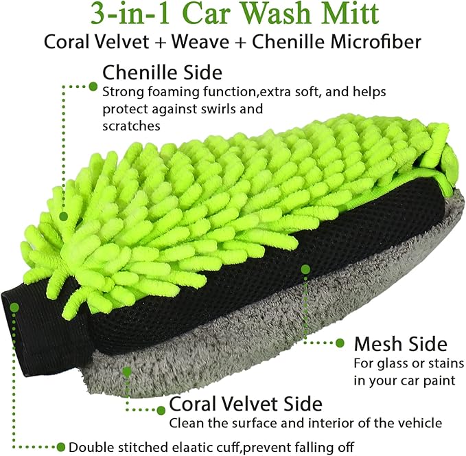Collapsible Bucket with 3-in-1 Car Wash Mitt, Coral Velvet + Weave + Chenille Microfiber Glove Sponge, 10L (2.6 Gallon) Portable Folding Basin Pail for Household Cleaning