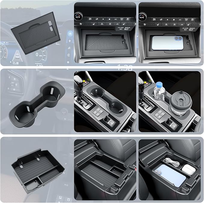BIBIBO 3Pack for 2026 Subaru Outback Center Console Organizer 2026 Subaru Outback Console Armrest Tray+Cup Holder +Wireless Charging Mat 2026-Outback Insert Organizer Tray