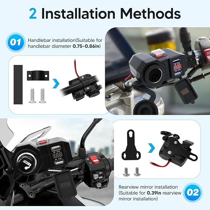 BlueFire 5V/2.1A Dual USB Charger Socket Waterproof Motorcycle Handlebar Clamp Power Adapter Charger USB Charging System with Cigarette Lighter Socket and Voltmeter for Phones/Tablets/GPS