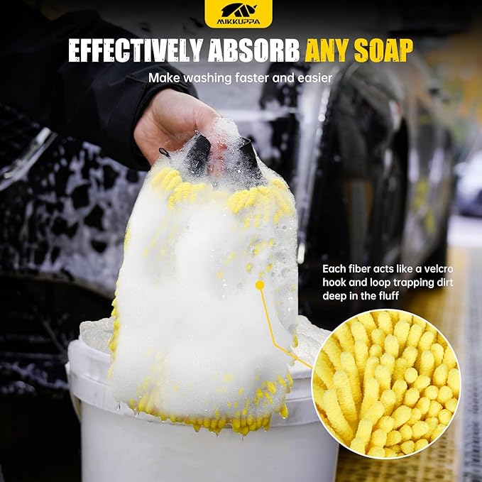 MIKKUPPA Car Wash Mitt Microfiber - Double-Sided Chenille Scratch Free Mitt with Waterproof Inner for Car Washing Home Cleaning (Yellow & Gray, 2Pack, 10'' x 7'')
