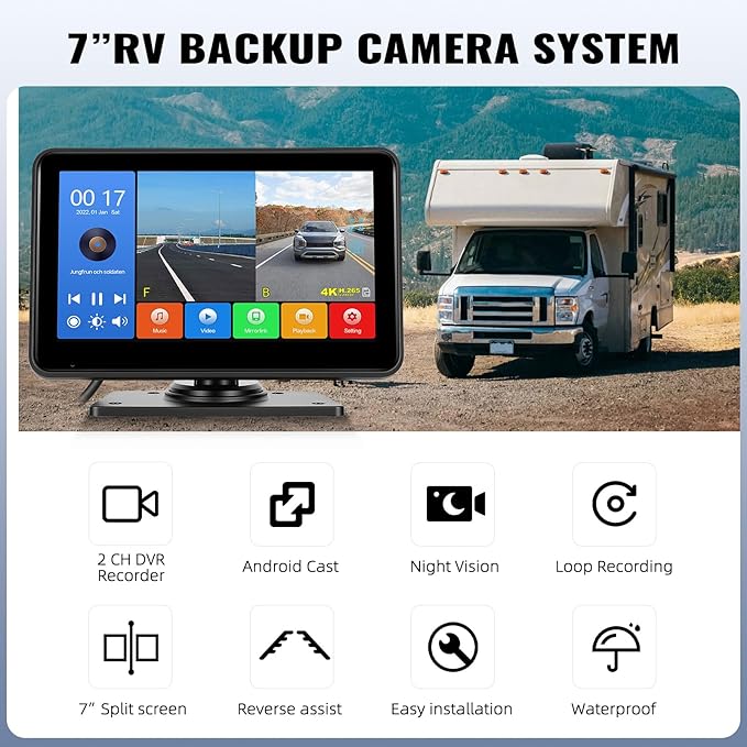 1080P Backup Camera System Kit,7 Inch Reversing Monitor with Record Function Night Vision DVR Monitor 2 Camera 2 Split Screen+Waterproof Reverse/Front View Camera for RV/Semi Box Truck
