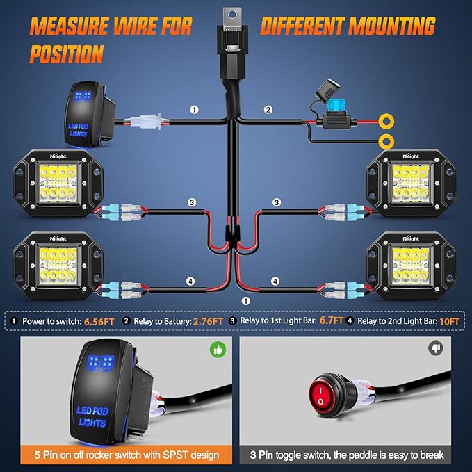 Nilight 4PCS 42W Flush Mount LED Pods Spot Flood Combo Beam Driving Backup Reverse Grill Mount Light with 16AWG LED POD Lights Wiring Harness Kit -4 Leads