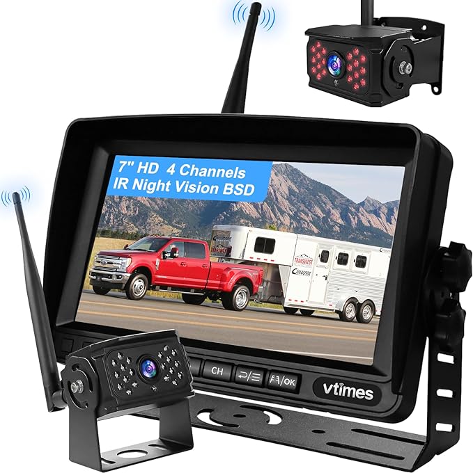 Wireless Backup Camera for Trucks, RV Backup Camera Wireless with 7" HD Monitor, 4 Channels Split Screen, BSD Alert, 984ft Signal Range, IP69K Waterproof IR Night Vision Wide Angle, DIY Guide Lines