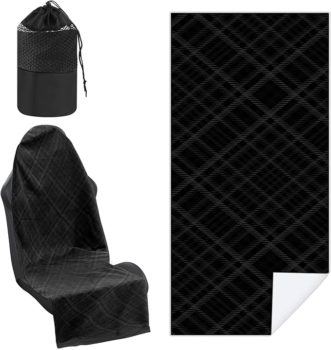 Hahafelt 1 Pack Car Seat Towel Covers with Storage Bag, 63 x 32 Inch Universal Non Slip Waterproof Sweat Protector for Car Truck, Gym Swimming Running, Machine Washable (Black Plaid)