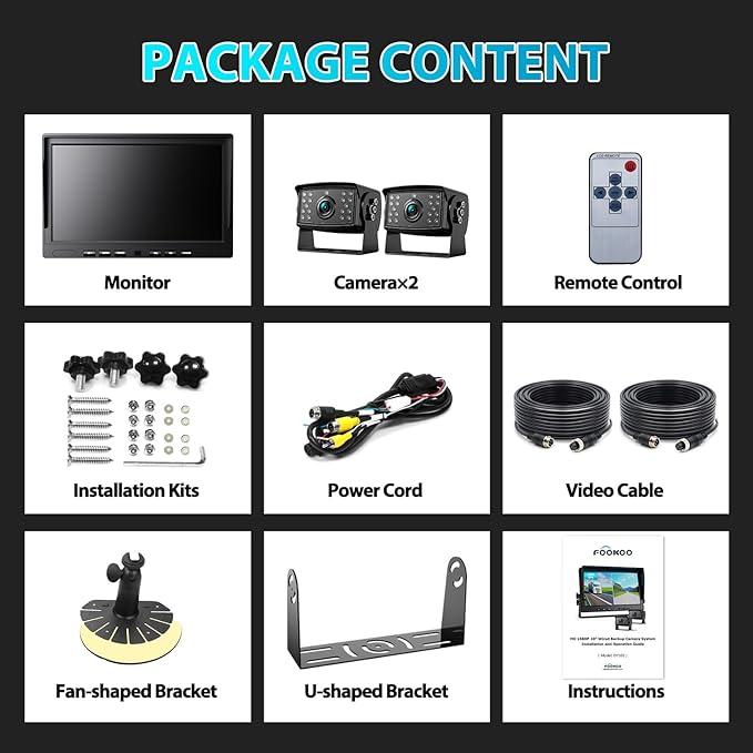 Fookoo Ⅱ HD Wired Backup Camera System Kit,10 inch Dual Split Screen Monitor with Recording IP69 Waterproof Front View Rear View Cameras Parking Lines for Truck/Semi-Trailer/Box Truck/RV(DY102)