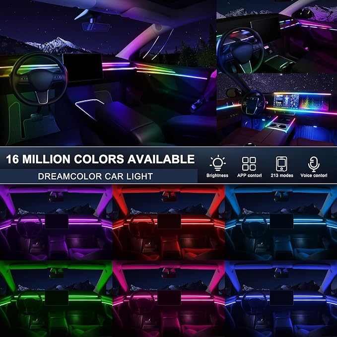 Dreamcolor Acrylic Interior Car LED Strip Light with Wireless APP, RGB 6 in 1 with 175 inches 600 LEDs Fiber Optic Car Ambient Lighting Kits, Sound Active Function LED Strip for Car Accessories