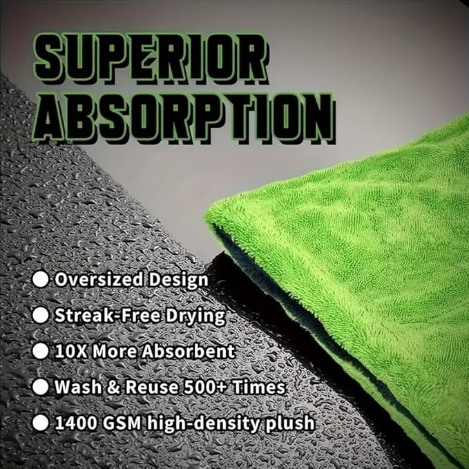1200GSM Microfiber Car Drying Towel, Double-Twist Loop, Ultra-Absorbent, Quick-Dry, Lint- & Streak-Free, Scratch-Safe, for Car Wash & Detailing (1 Pack) (Dark Grey & Green, 16" x 24")