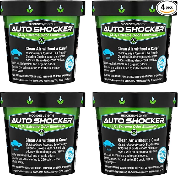 Biocide Systems Auto Shocker Strong Quick Release Car Odor Eliminator, Eco-Friendly Smell Remover for Tough Odors in Vehicle Interiors, Up to 250 Cubic Feet (4-Pack)