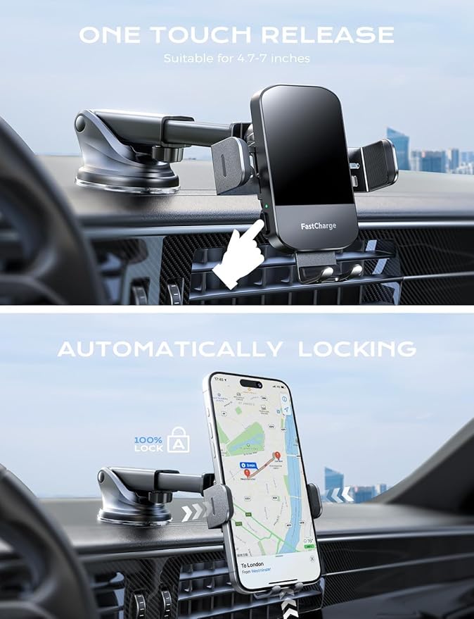 CHGeek Wireless Car Charger, 15W Fast Charging Auto Clamping Phone Holders Phone Mount fit for iPhone 17 16 15 14 13 12 Pro Max 11 XR XS, Samsung Galaxy S25 Ultra S24 S23, Black