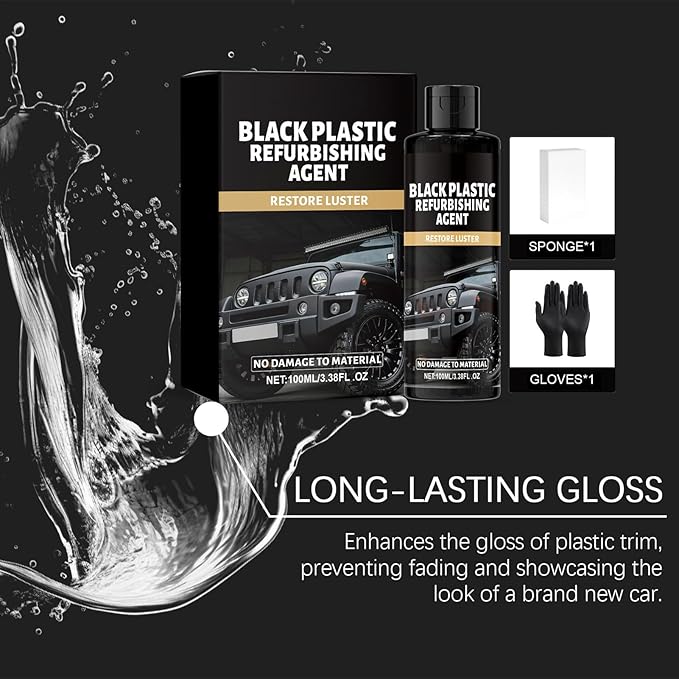 Long-Lasting Trim Restorer - 100ml Interior Polish, Car Dashboard with Applicator Sponge, Black Restorer with Protective Gloves, Detailing Supplies, Shine Coat for Interior Restoration