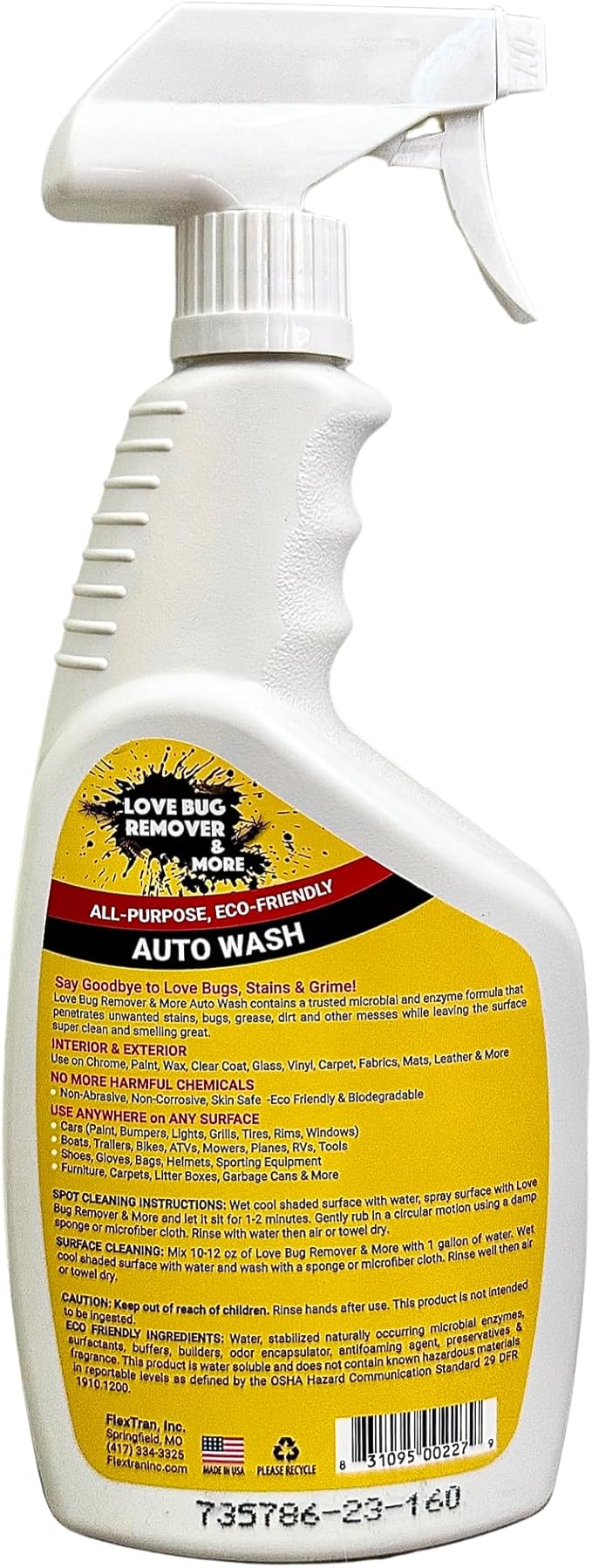 Love Bug Car Remover Spray and Auto Wash. Multi-Surface Remover and Wash Bird Poop, Tar, Sap, Bugs and More. Interior & Exterior Car Detailing Solution. 24 oz spray bottle w/ microfiber cloth. No Chemicals