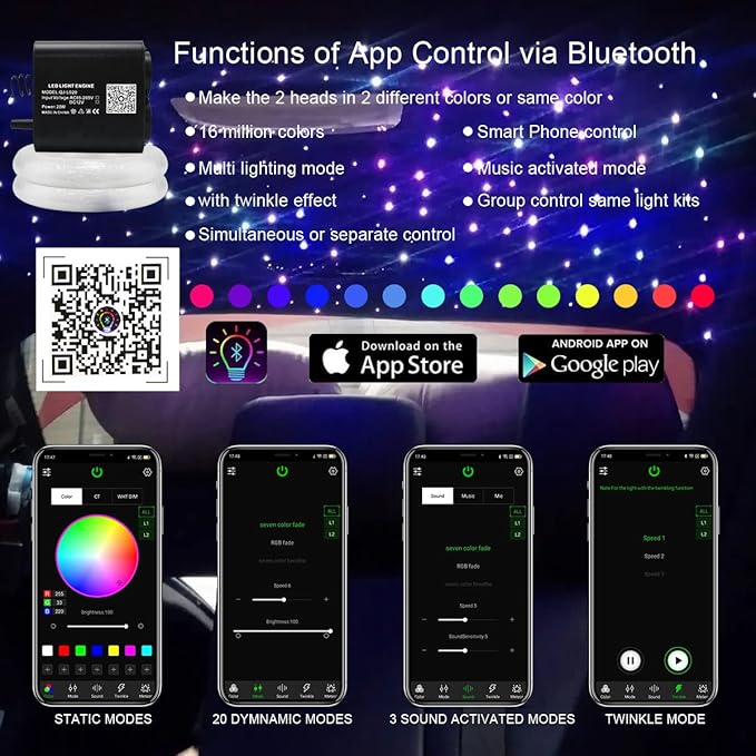 AKEPO 20W Twinkle Dual-Head Dual Color Fiber Optic Lights, Fiber Optic Star Ceiling Light Kit Sound Activated APP Remote Control for Car Starlights Headliner/Home 600pcs 13.1ft/4m Fiber Strands