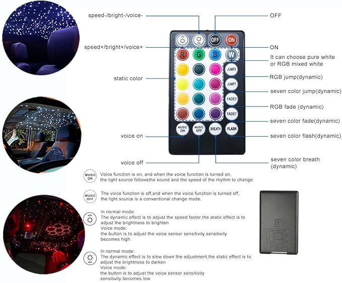 AZIMOM Car Use 6W RGBW Mixed295pcs 9.8ft Fiber Optic Lights Starlight Ceiling Light Kit End Glow Optic Cable Music Mode APP Remote Sensory Lighting Indoor Home Headliner Decoration