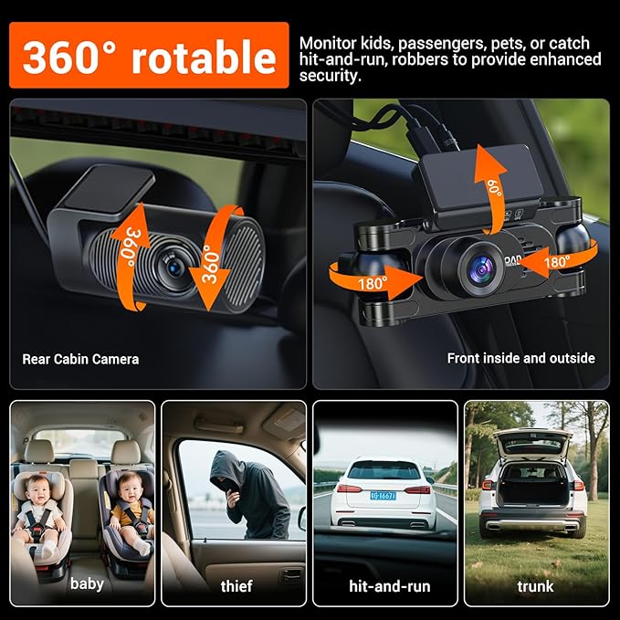 4K 360° Dash Cam for Cars, 4 Channel Front Rear Inside with 128GB Card, Super Night Vision, Fastest 5.8GHz WiFi GPS, Voice Control, 24/7 Parking Mode, Loop Recording Ideal for Uber & Lyft
