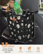 Pritent Car Trash Can with Lid, Cute Leakproof Car Trash Garbage Bag Hanging Vehicle Trash Bin Small Portable Automotive Garbage Cans Organizer for Back/Front Seat/Console(2.8 Gallons,Black Flower)