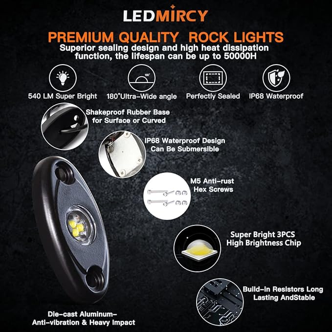 LEDMIRCY R1 LED White Rock Lights 16PCS for Off Road Truck RZR ATV SUV Auto Car Boat Underglow Trail Rig Lights Underbody Neon Light High Power Waterproof Shockproof(16PCS,White)