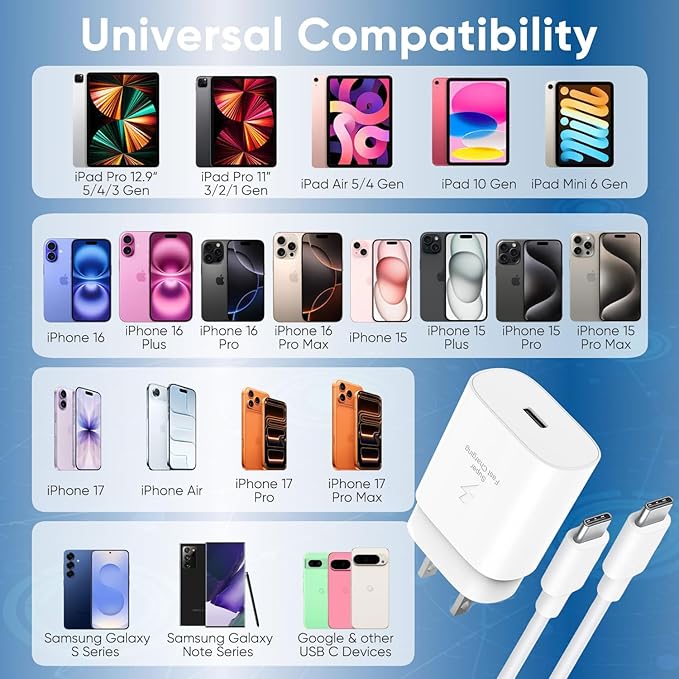 iPhone 17 16 15 Charger Fast Charging 10FT Cable, 30W USB C Charger Block for i Phone 15 16 16e 17 Air Plus Pro Max/iPad Pro/AirPods, PD USBC Power Adapter Wall Plug & Type C to C Cord, 2 Pack