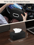 Multi-Functional Car Tissue Holder with ‌2 Storage Nets, Upgraded PU Leather Tissue Box Cover, Large Rectangle Napkin Organizer Fit for 100-160 Regular Size Tissues, Keep Car Tidy, Black