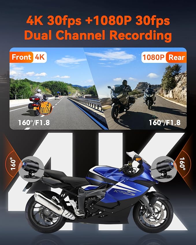 Vantrue F1 Motorcycle 4K Dash Cam Front and Rear, 4K + 1080P Motorcycle Camera, Full Body IP67 Waterproof, GPS Wi-Fi, 160° Wide Angle, Wired Remote, Night Vision, G-Sensor (Renewed)