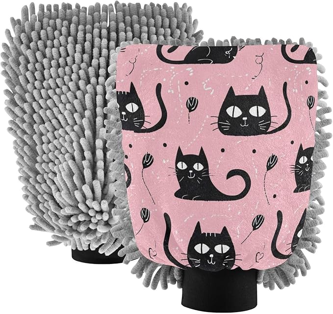 Blueangle 2 Pack Black Cats Car Wash Mitt - Chenille Microfiber Scrub Mitts for Scratch-Free Car Washing & Home Cleaning, Auto Detailing Mitt（506）