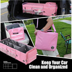 LIBZAKI Oversize 4 in 1 Car Trunk Storage Organizer, Multi Compartment Collapsible Trunk Storage Box with Cooler Bag for Car Truck SUV-Pink