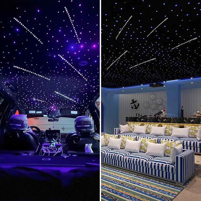 AKEPO 12W Shooting Star+Twinkle All-in-one Fiber Optic Lights Kit, Car Home Use 460pcs of (0.03+0.04+0.06in) 9.8ft +240pcs Meteor Optical Fiber Remote Music Sync APP Control Star Ceiling Sky Light