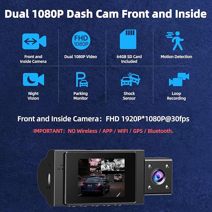 Dual Dash Cam Front and Inside, FHD 1080P Dashcam with 64GB Card, DashCamera for Cars with Night Vision, 24H Parking Monitor, Loop Recording, G-Sensor, WDR, 2.0" Screen for Taxi
