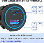 83W 12V USB Outlet Laptop Charger: 2 Pack 65W USB-C PD3.0 and 18W QC3.0 Multi Car Port 12V Socket Waterproof with Power Switch for Car Boat Marine Bus Truck Golf Cart RV Moto, etc.