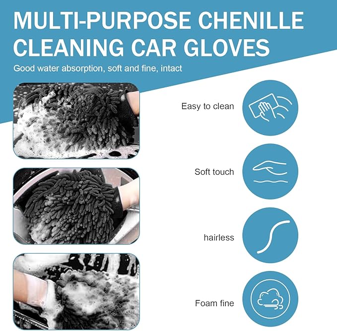 2 PCS Car Wash Mitt, Microfiber Chenille Double Sided Car Wash Gloves, Scratch-Free & Lint-Free Elastic Cuff Cleaning Gloves Kits, Clean Accessories for Cars Trucks and Household (Black)