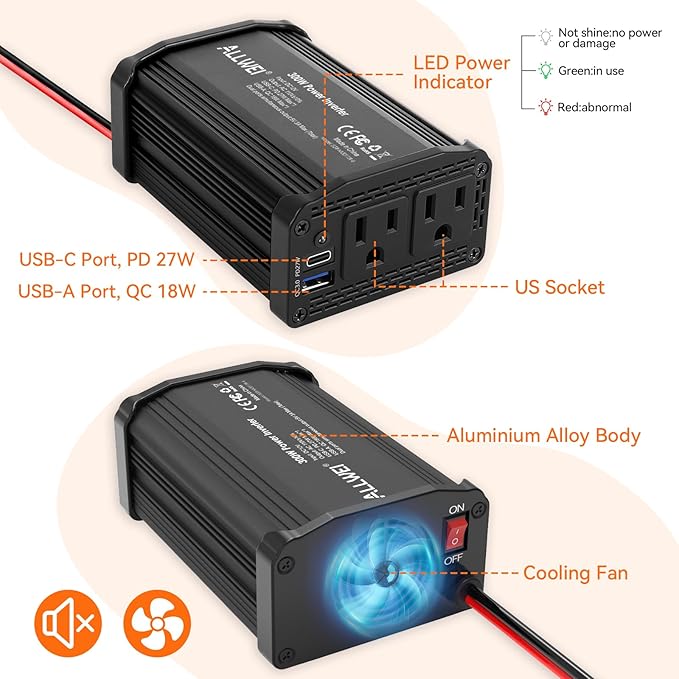 ALLWEI 300W Power Inverter 12V DC to 110V AC Car Plug Adapter Outlet Converter with 27W PD USB-C &18W USB-A Fast Charger, Car Cigarette Lighter Adapter for Laptop Tablets Phones - Portable - Black