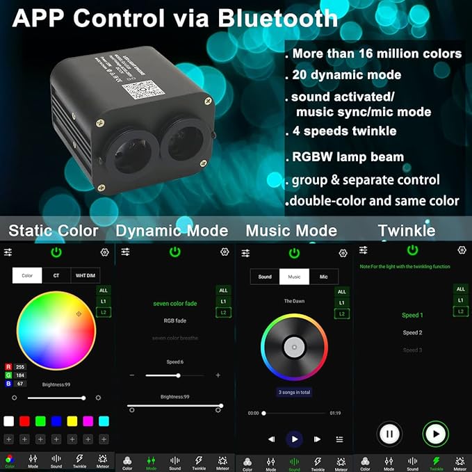 AZIMOM Dual Color 20W Twinkle 1200pcs Fiber Optic Starlight Headliner Kits 0.03in 13.1ft Fiber Strands End Glow Sound Activated Remote APP Control RGBW Light Source Home Ceiling Car Headliner Décor