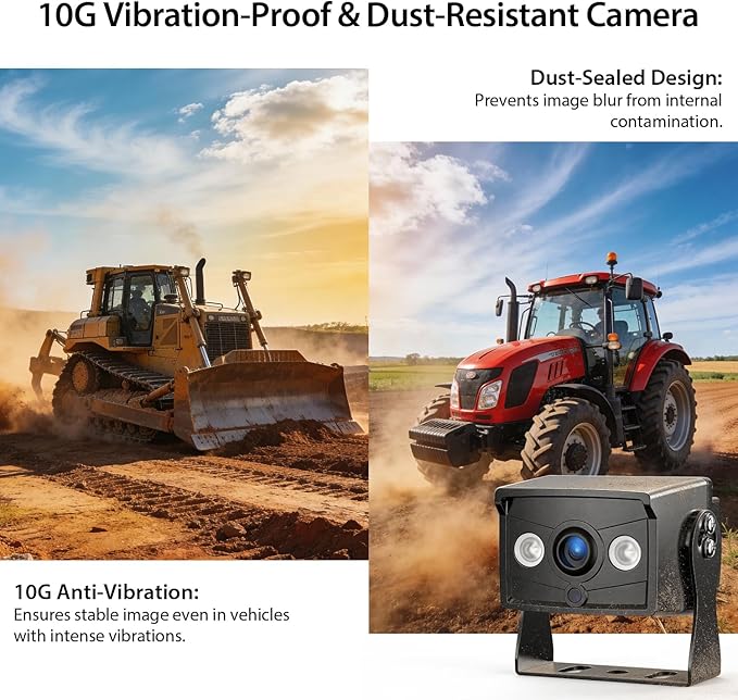 ZEROXCLUB 2 Wired Rear View Backup Camera System, 10" 1080P Monitor IP69K Waterproof Vibration-Proof 10G Reverse Camera, Quad Split Screen for Tractor, Truck, Trailer, Combine, Heavy Equipment, BH102