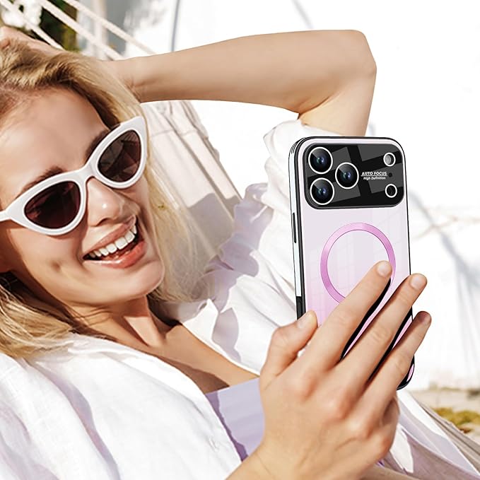Guppy Compatible with iPhone 17 Pro Magnetic Case, with Full Camera Lens Protector [Compatible with MagSafe] Scratch Resistant Gradient Glass Back Cover Phone Case-Pink