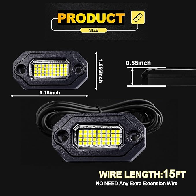 8Pods Metal Bright Pure White LED Rock Lights Kit,Per pod provided 15FT Power Cord,6500K 36LEDs Neon Underglow Light Aluminum Waterproof Fender Lights for Trucks Trailer Jeep Off Road ATV UTV