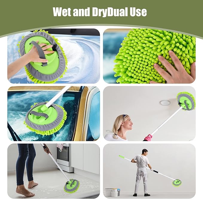 62" Car Wash Brush with Long Handle and Car Wash Brush Microfiber Car Cleaning Brush Kit for Car RV Truck Cleaning 1 Chenille Scratch-Free Replacement Head with Aluminum Alloy Pole (Green)