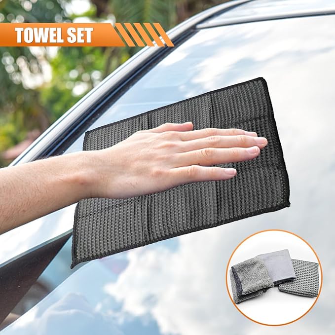 Craedli 9PCS Car Wash Detailing Tool Kit, Car Wash Mitt, Microfiber Cloths, Cleaning Sponge, Wheel Brush, Wax Applicator Pad, Universal Auto Interior & Exterior Cleaning Supplies (Gray)