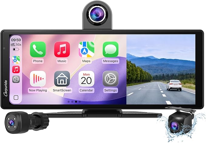 CARPURIDE W903S3 9.3 Inch HD Wireless Carplay & Android Auto Screen, 4K Front + Wired 1080P Rear + Infrared Camera, with Loop Recording, Bluetooth, Voice Control, GPS, FM, Super Link, 64GB TF