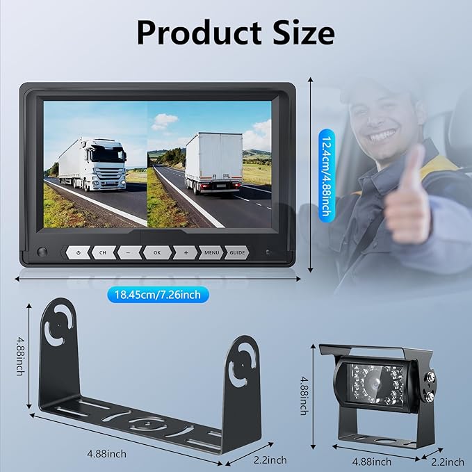 7'' Wired Backup Camera System with DVR Recording, 1080P HD Monitor & IP69 Waterproof RV Rear View Camera, Loop Recording, Split Screen, 12V-24V