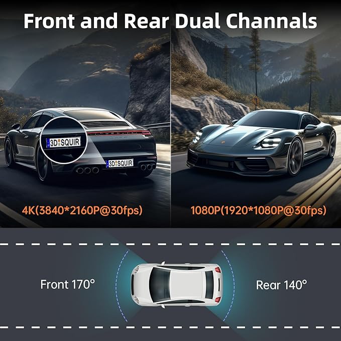 Dash Cam Front and Rear, Ecomoment 4K+1080P Dual Dash Camera for Cars, Built-in WiFi GPS Dashboard Camera, 2.4" IPS Screen Dashcam, 170° Wide, Night Vision, WDR, G-Sensor, 32GB SD Card Included