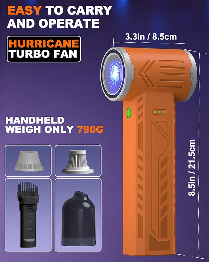 Tool-grade Electric Air Duster, Rechargeable Handheld Blower with 180,000 Super Power Brushless Motor, 2-in-1 Blow & Vacuum Cleaner, Cordless Leaf Blower for Car Drying, Home, Patio Cleaning (Orange)