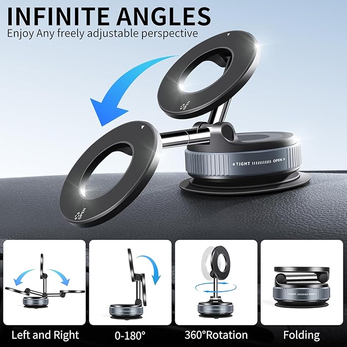Galundge Vacuum Suction Magnetic Phone Holder, 2025 Upgraded Foldable Retractable Suction Cup Car Phone Mount for Magsafe, 360° Adjustable Magnetic Phone Stand for Cars/Gyms/Mirrors/Smooth Surface