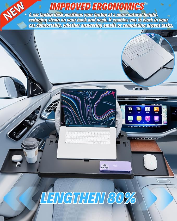 Portable Large Steering Wheel Tray Table for Car - Adjustable Laptop Holder Desk & Food Trays, Car Tray That Fits Over Steering Wheel Cover, Eating Food & Working, Driver Office Accessories